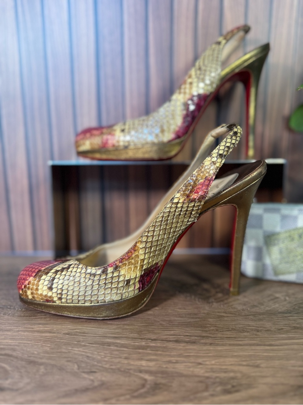 Christian Louboutin Gold and Red Snakeskin Slingback Red Bottom Heels, Size 38